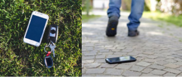 Phone and keys on grass,Walking away from phone.